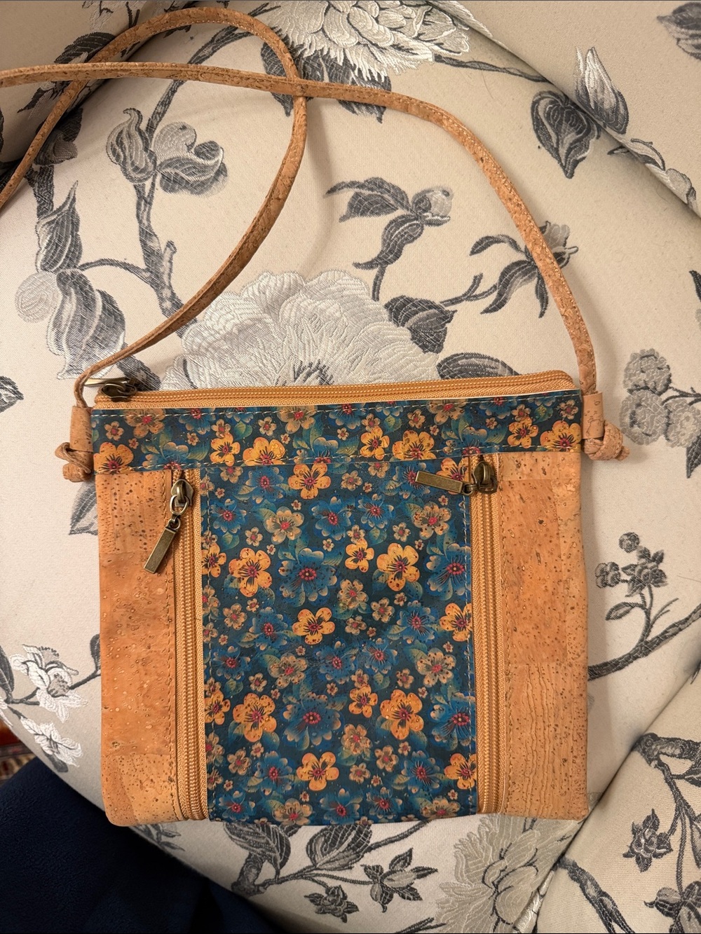 Pretty floral blue and tan crossbody bag made of  natural cork. NWOT